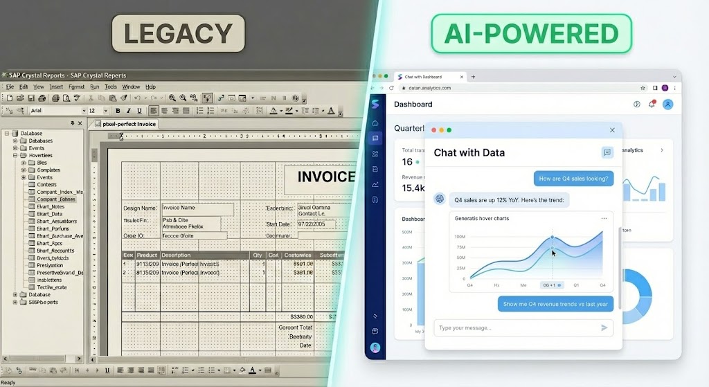 Comparison of legacy Crystal Reports interface vs. modern AI analytics tools.