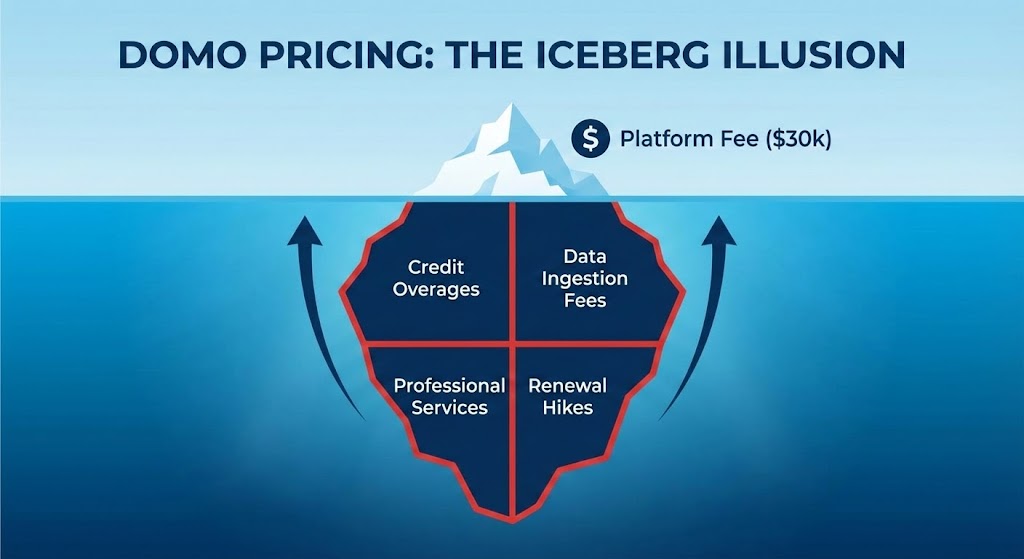 Domo pricing structure revealing hidden costs and credit fees.